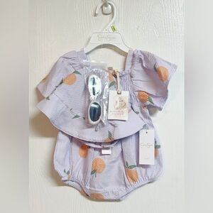 Jessica Simpson Infant Romper Lavender Oranges Hat Sunglasses Size 3/6m NWT